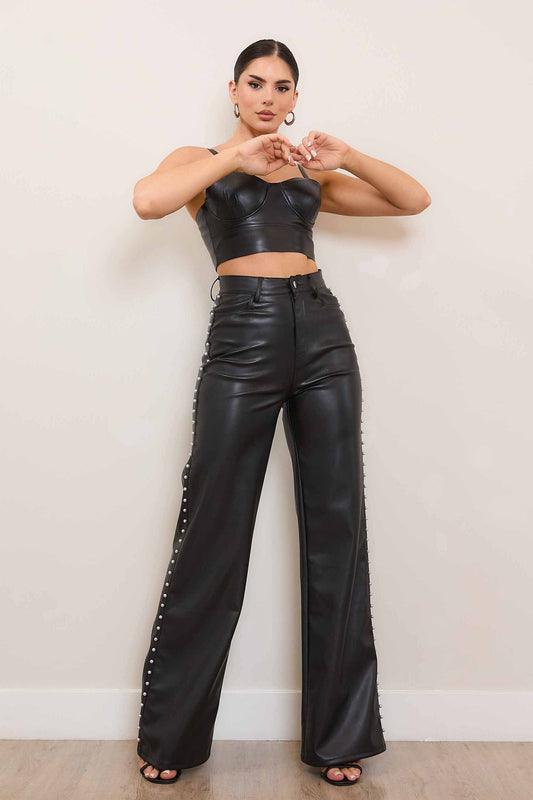 Black Pearl Studded Vegan Wide Leg Pant (Re Stock 10/20)