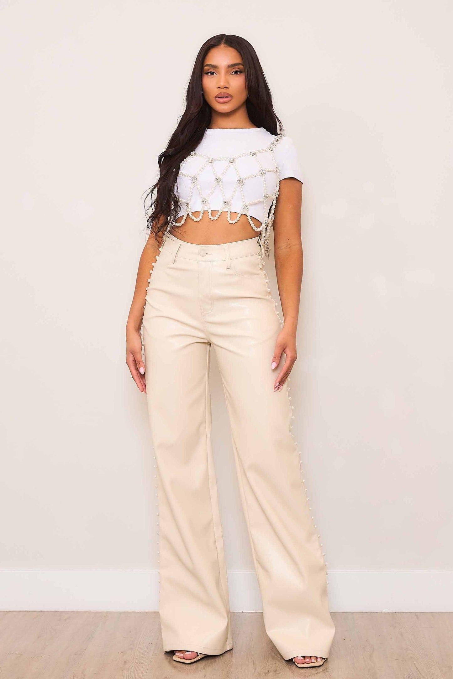 Cream Pearl Studded Vegan Wide Leg Pant (Re Stock 10/20)