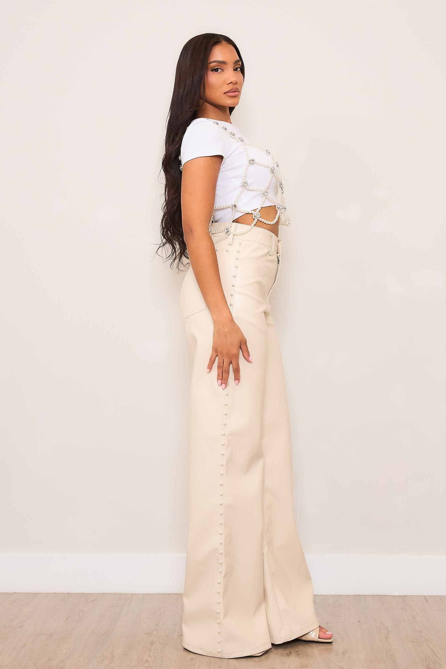 Cream Pearl Studded Vegan Wide Leg Pant (Re Stock 10/20)