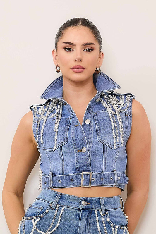 Heidi Rhinestone Denim Vest (Re Stock 10/20)