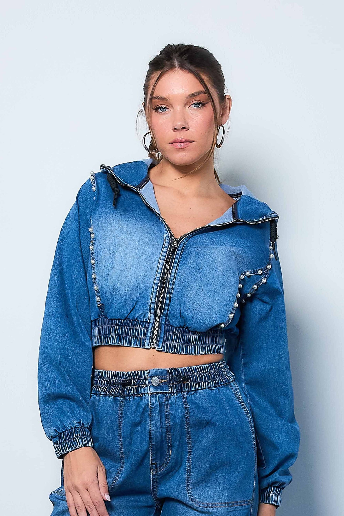 Pearl Studded Hoodie Crop Denim Jacket (Re Stock 10/20)