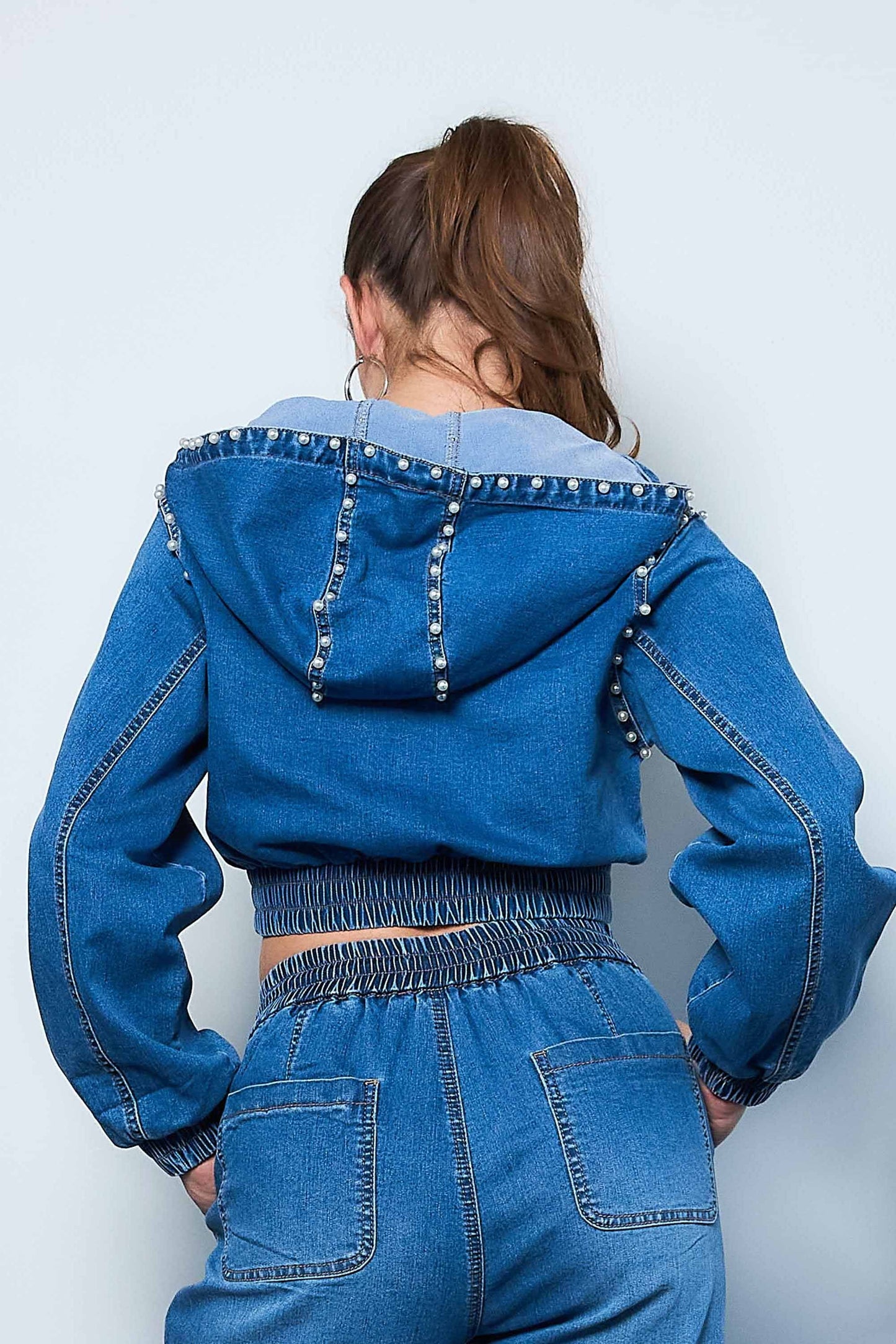 Pearl Studded Hoodie Crop Denim Jacket (Re Stock 10/20)