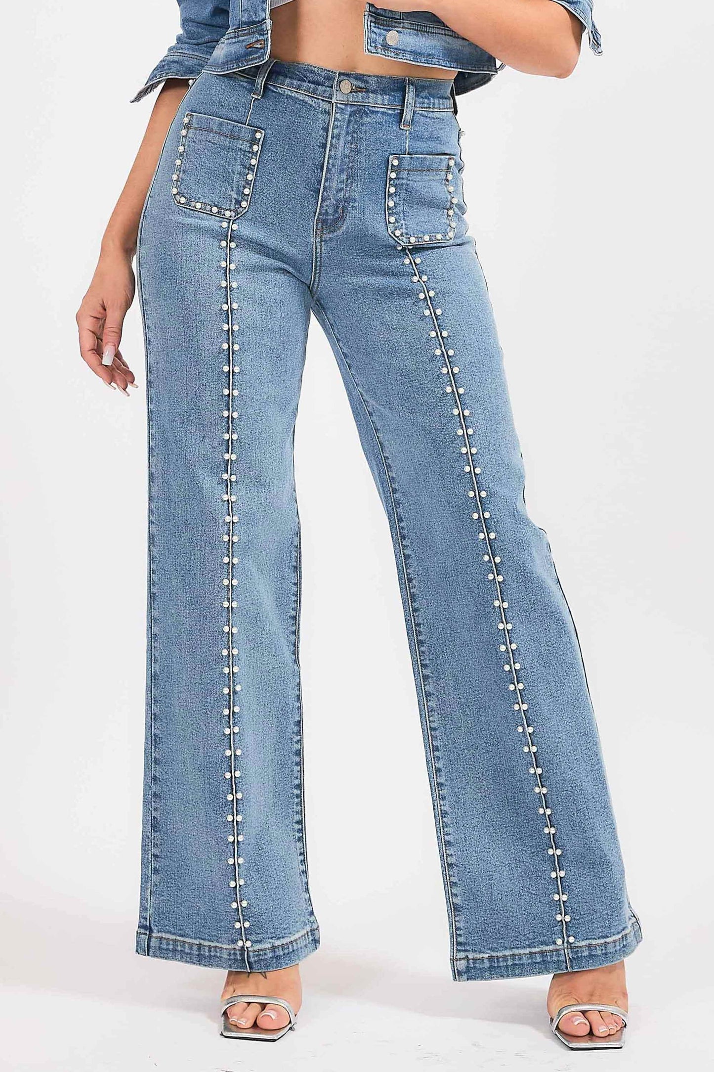 Pearl Studded Wide Leg Denims (Re Stock 10/20)