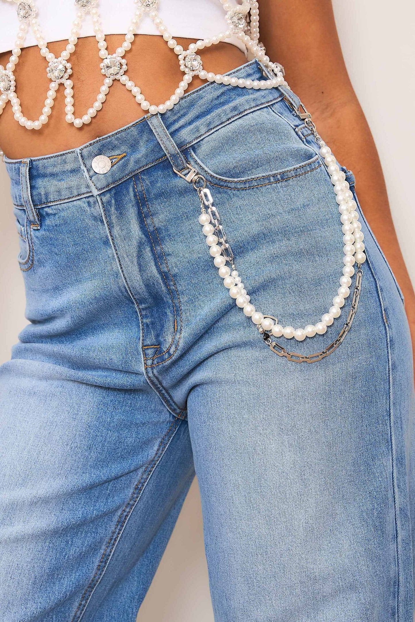 Mila Pearl Jeweled Wide Leg Jeans