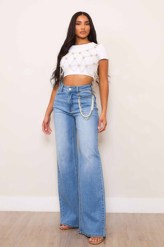 Mila Pearl Jeweled Wide Leg Jeans